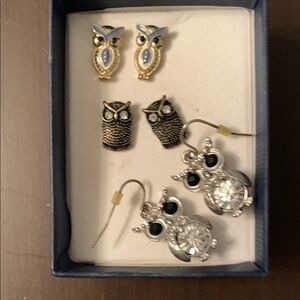 Owl-Themed Pierced Earrings Set - Gold, Silver, and Black